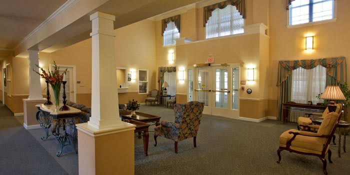 A warm and inviting lobby with comfortable seating and soft lighting.