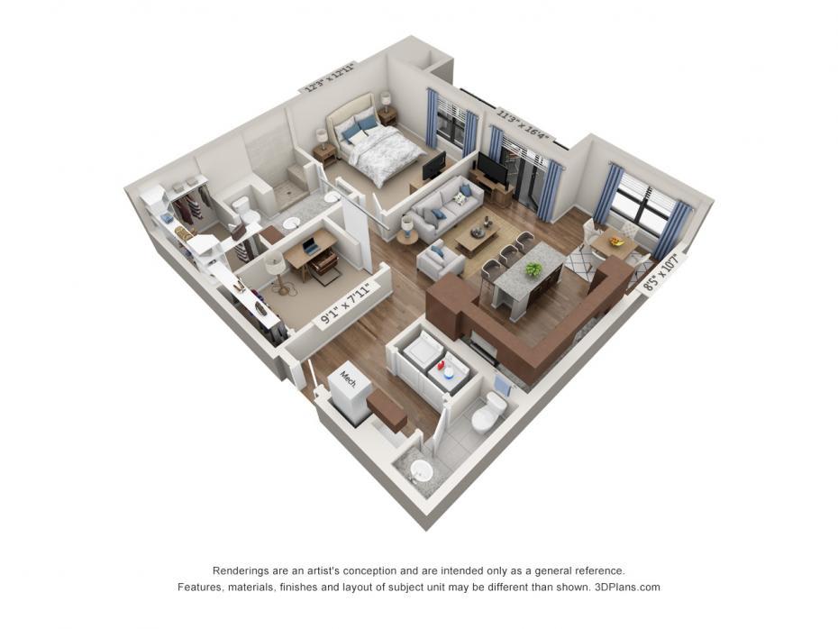 3D rendered floor plan of a modern apartment layout.