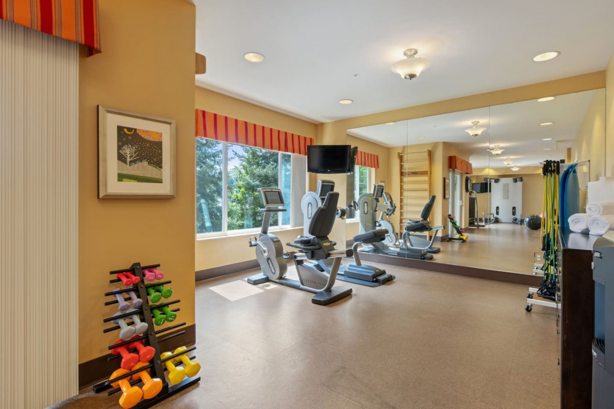 A modern gym with exercise equipment including treadmills and dumbbells, complemented by large mirrors and natural lighting.