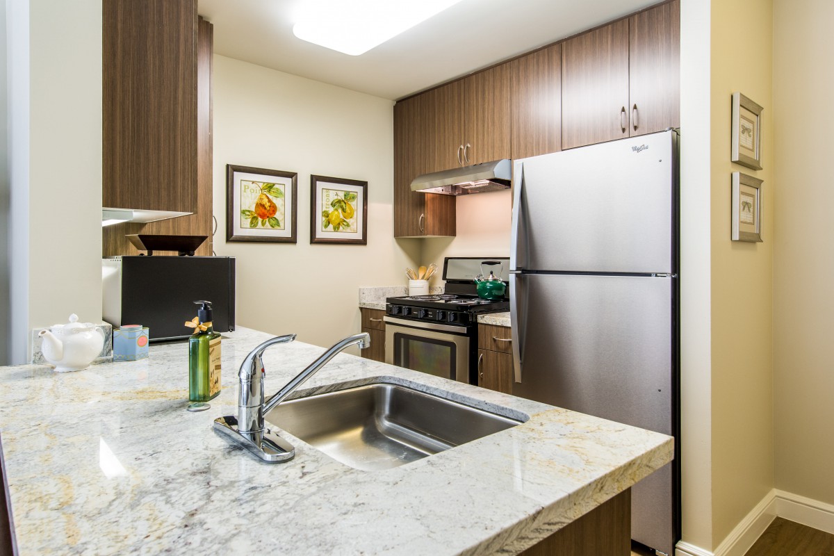 A modern kitchen featuring stainless steel appliances and a marble countertop.