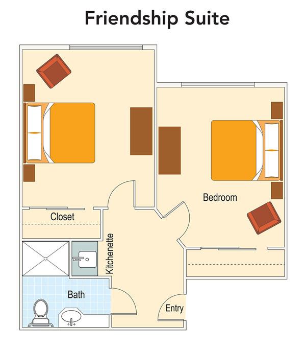 A floor plan of a Friendship Suite featuring two bedrooms, a bathroom, and a closet.