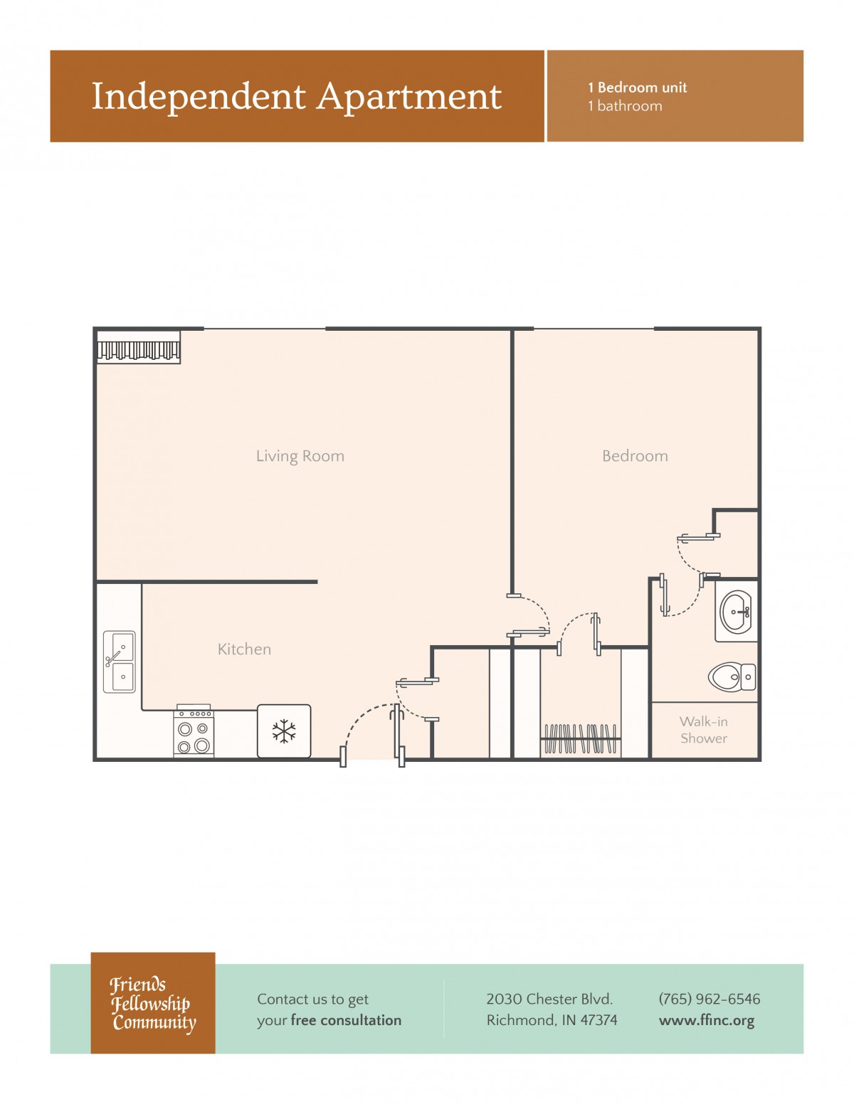 A simple floor plan of a one-bedroom apartment, featuring a living room, kitchen, bathroom, and bedroom.
