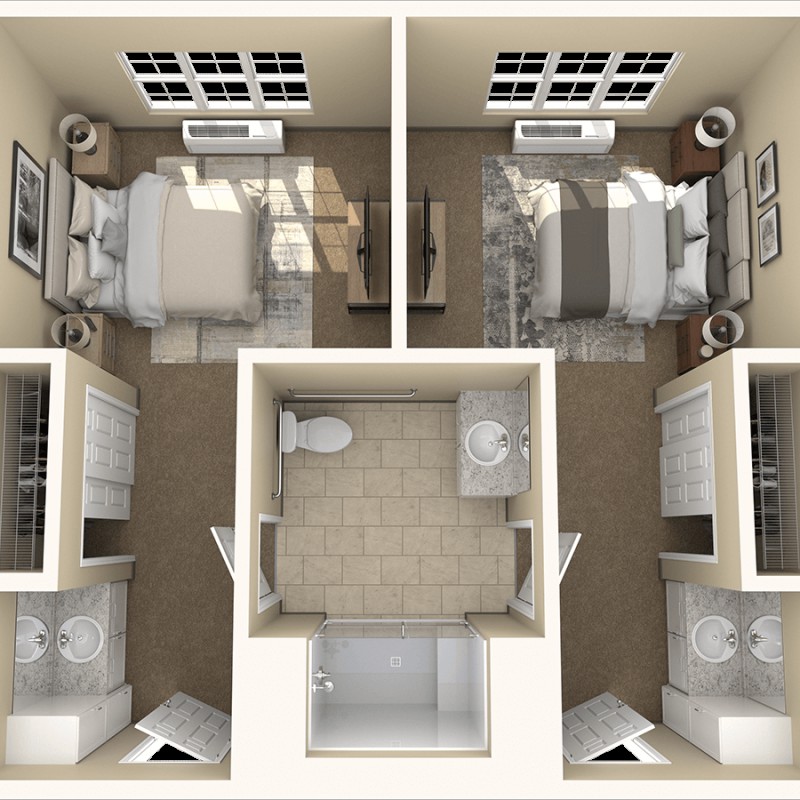 Apartment floor plan with two bedrooms and a shared bathroom.