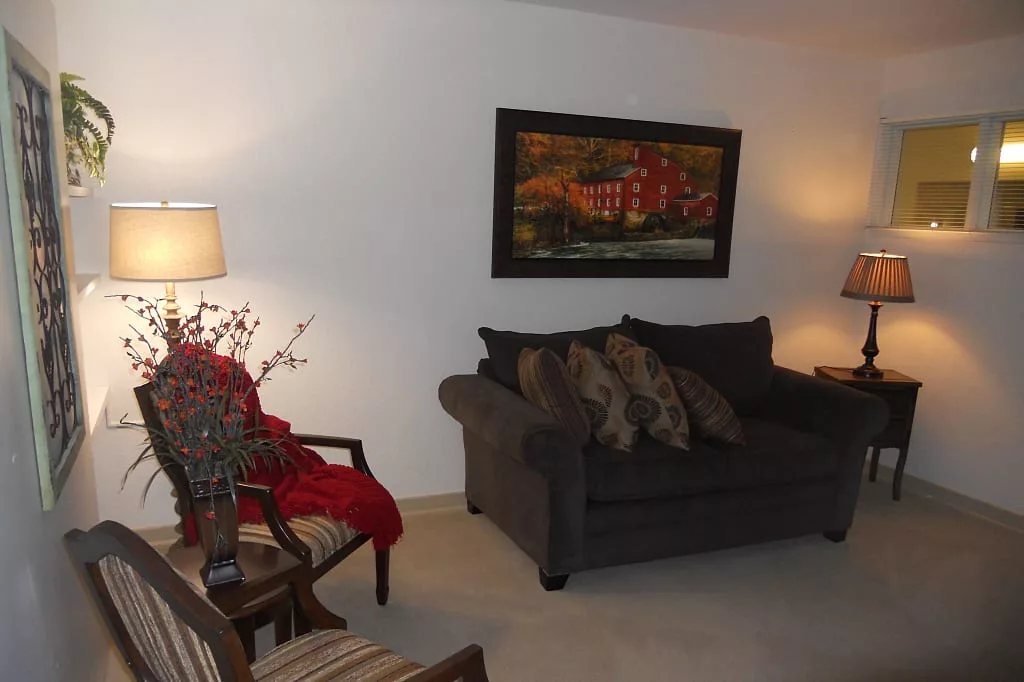 A cozy living room with a dark couch, armchair, lamps, and a painting on the wall.