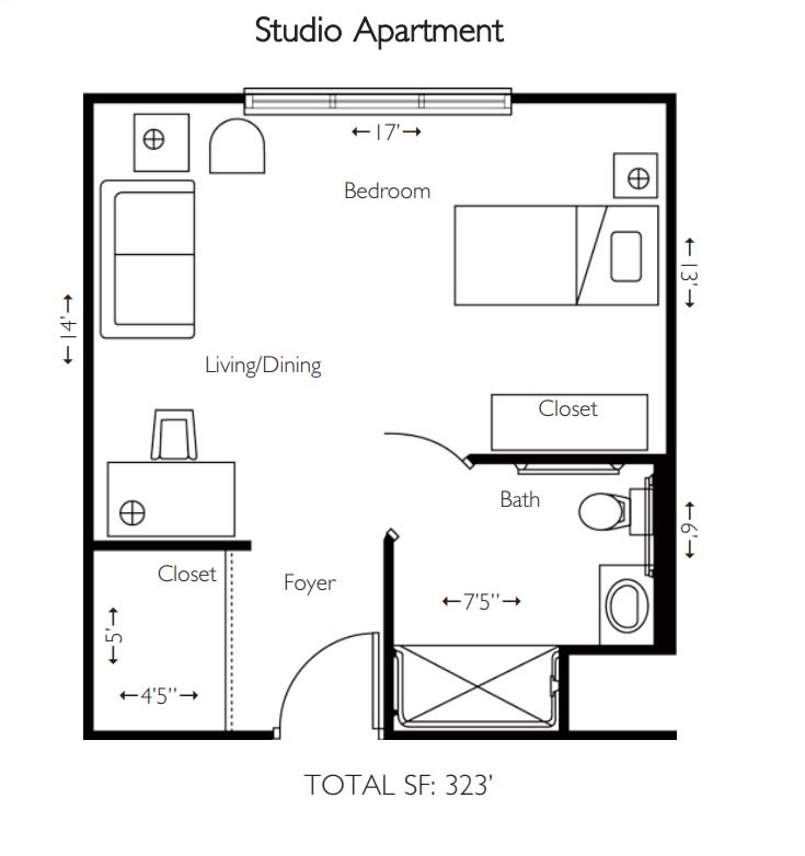 Floor plan of a 327 square foot studio apartment.