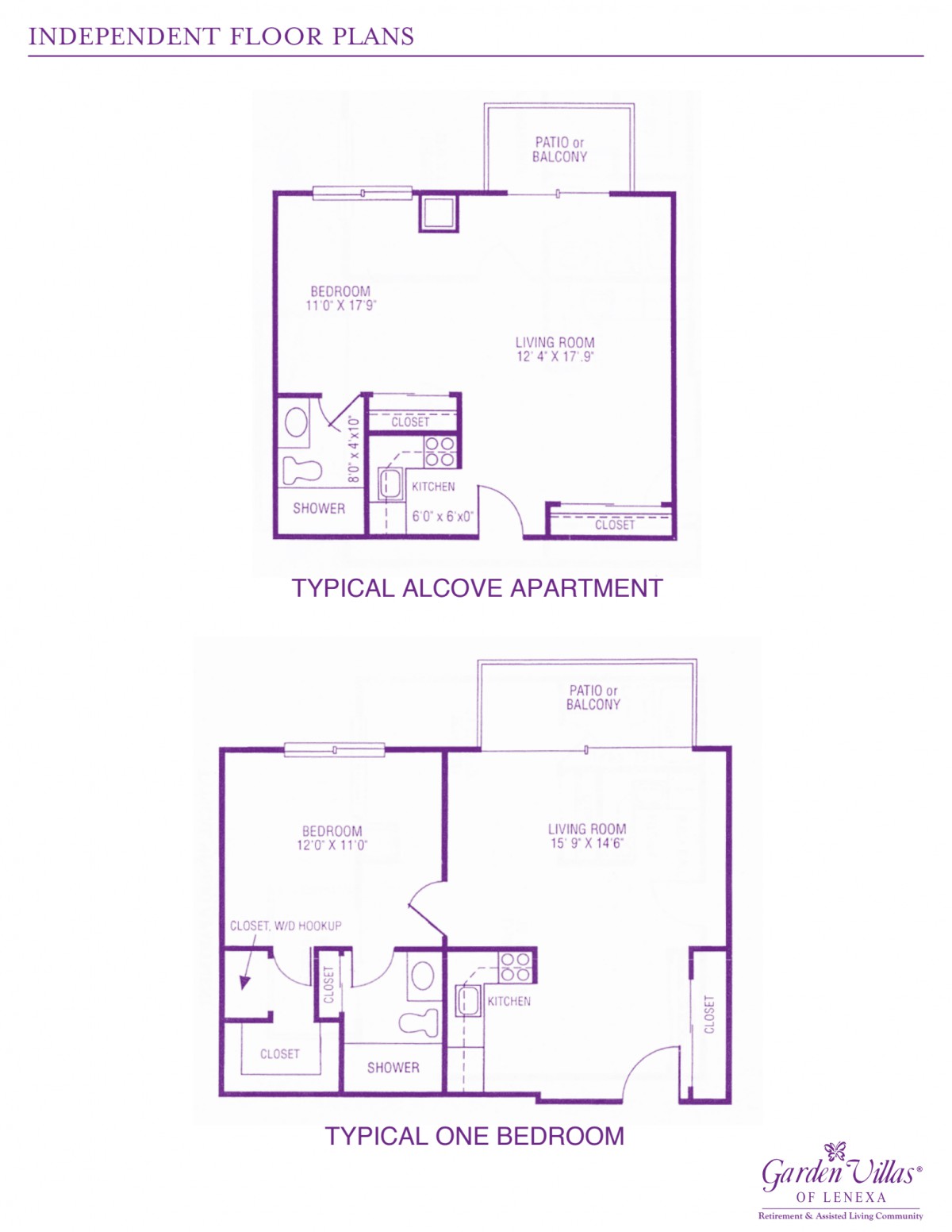 Floor plans for a typical alcove and one-bedroom apartment.