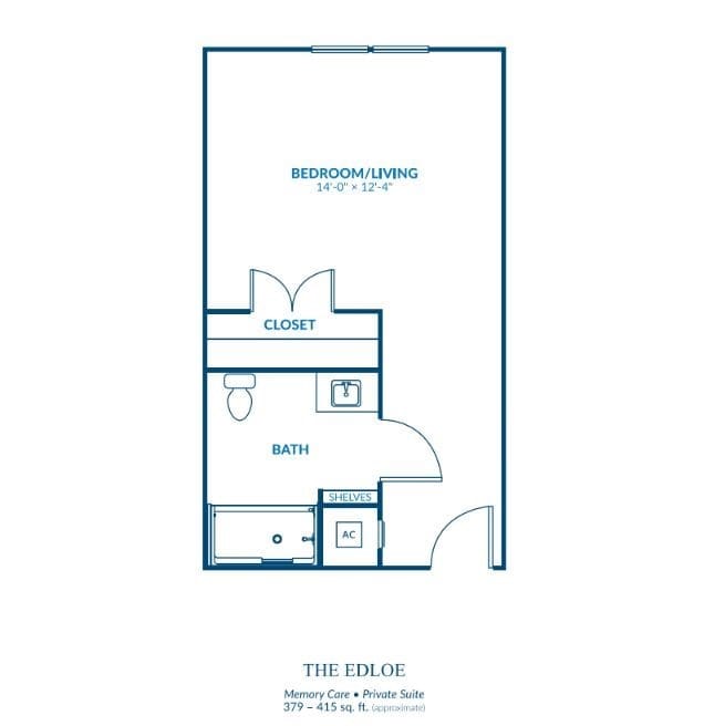A floor plan of a studio apartment with designated areas for a bedroom/living space, bathroom, and kitchen.