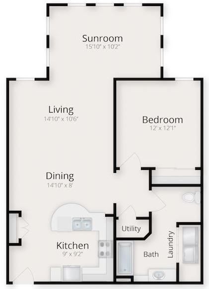 A floor plan of a one-bedroom apartment with labeled rooms and dimensions.