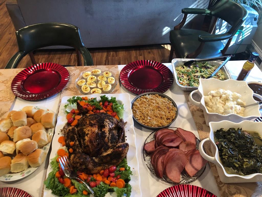 A delicious spread of holiday dishes featuring turkey and various sides.