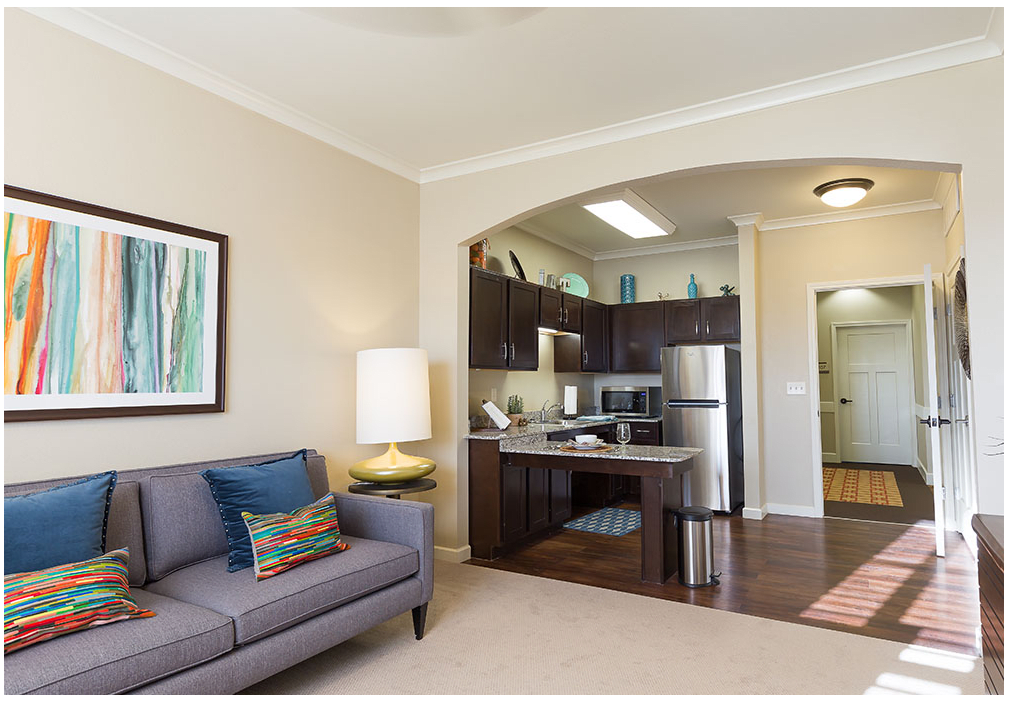 A modern apartment with an open-concept living room and kitchen.