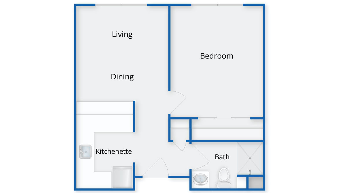 A simple floor plan of a one-bedroom apartment with designated living, dining, and kitchenette areas.