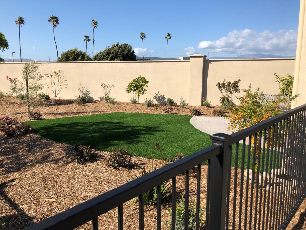 A well-maintained garden with a metal fence, featuring grass, shrubs, and small trees against a beige wall.