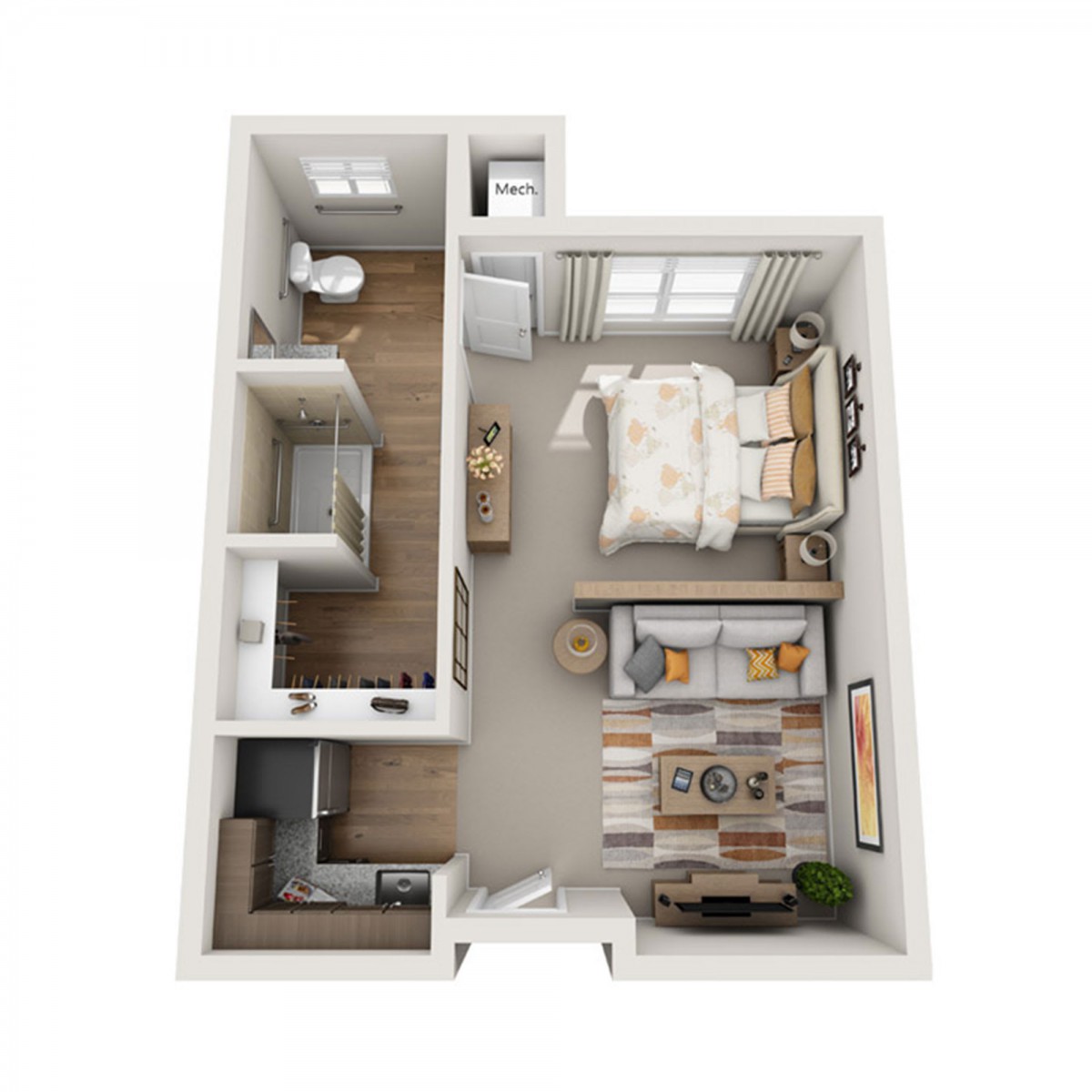 A compact one-bedroom apartment floor plan with a modern interior design.