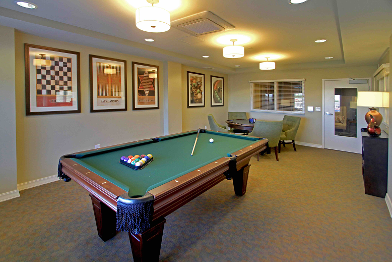 A cozy game room featuring a billiards table and framed artwork on the walls.