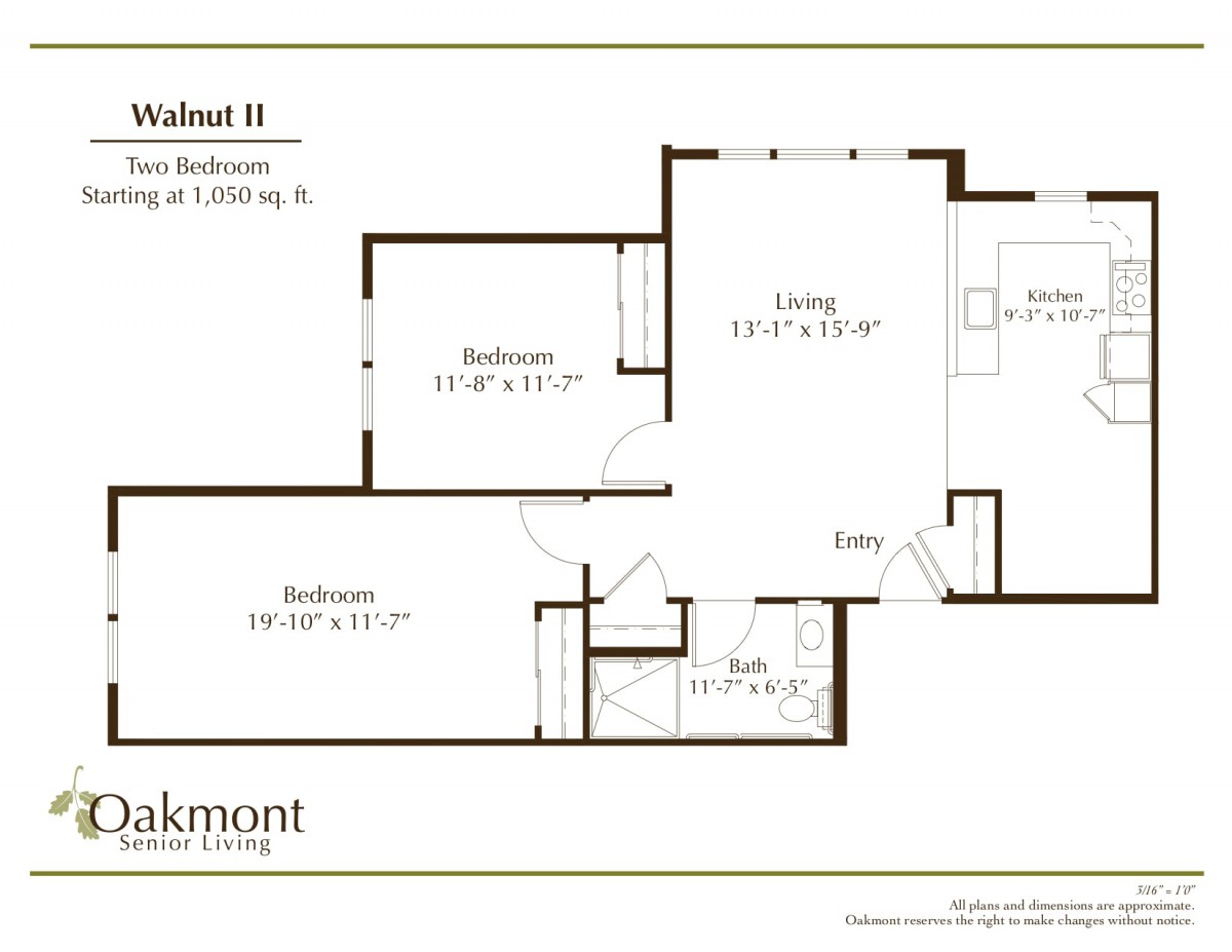 1-bedroom apartment floor plan with living area, kitchen, and bathroom.