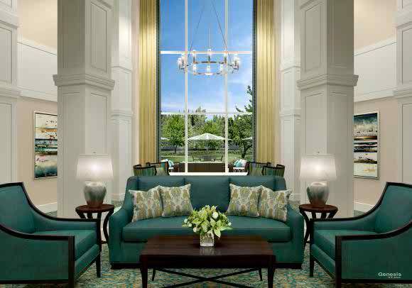 A sophisticated living room with elegant furnishings and a large window providing bright natural light.