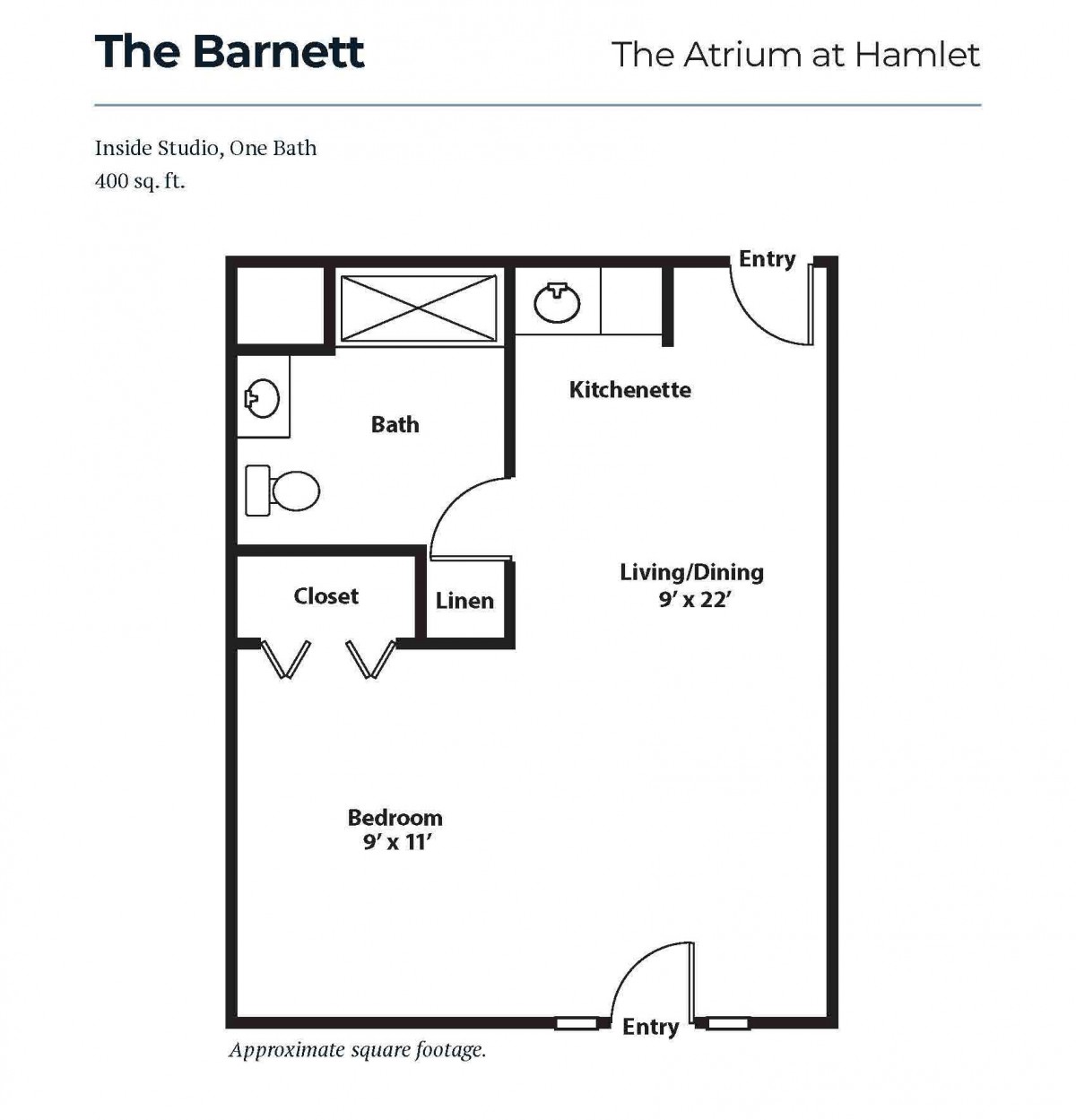 Floor plan of 'The Barnett' studio apartment with one bath, featuring a kitchenette and living/dining area.