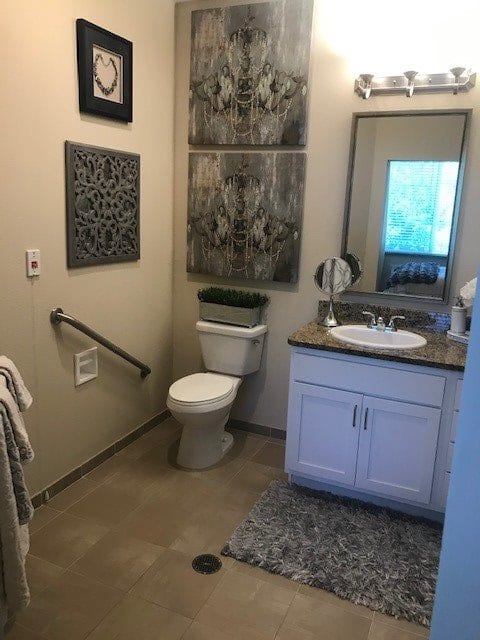 A well-decorated bathroom with a toilet, sink, and mirror, featuring wall decor and safety handrails.