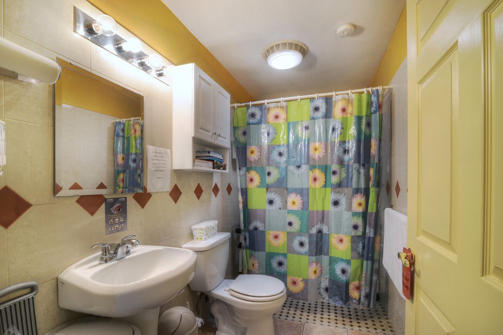 A brightly colored bathroom with a patterned shower curtain and tiles.