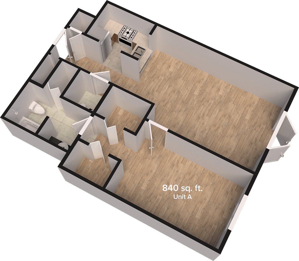 A 3D floor plan of an apartment showing the layout and room divisions.