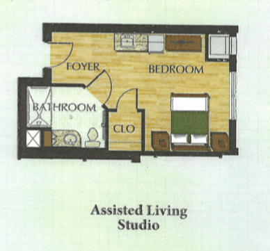 Floor plan of an assisted living studio apartment including a bedroom, bathroom, foyer, and closet.