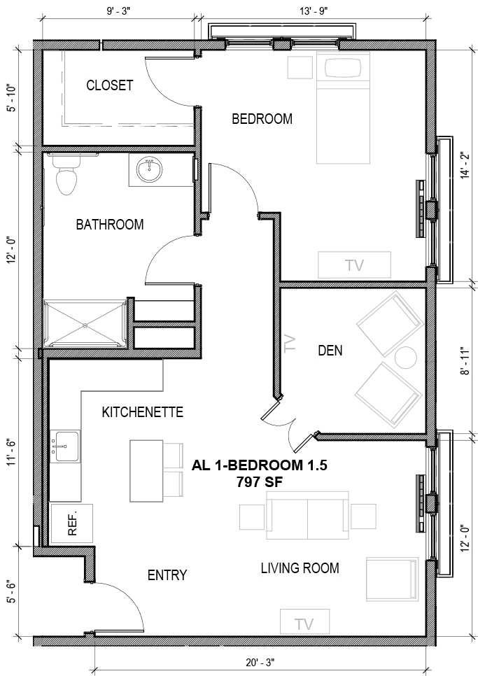 A floor plan of an apartment showing a layout with a living room, bedroom, bathroom, and kitchen.