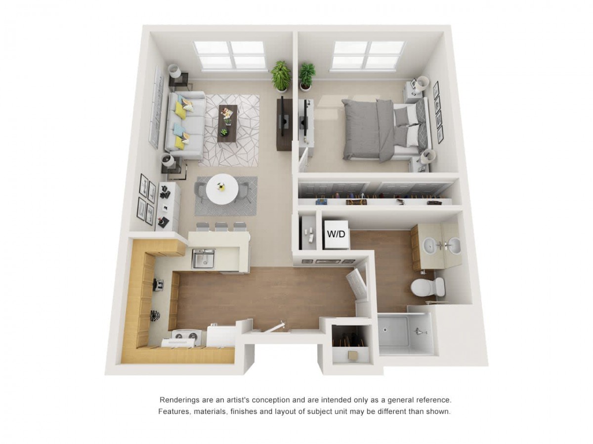 3D floor plan of a modern one-bedroom apartment with a living area, kitchen, and bathroom.