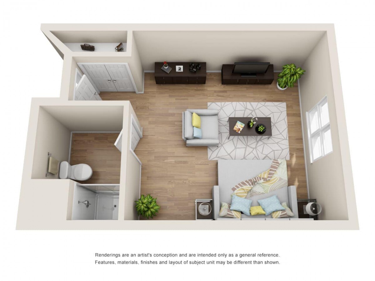 A compact studio apartment layout with a combined living and sleeping area, featuring modern furniture and minimalistic decor.