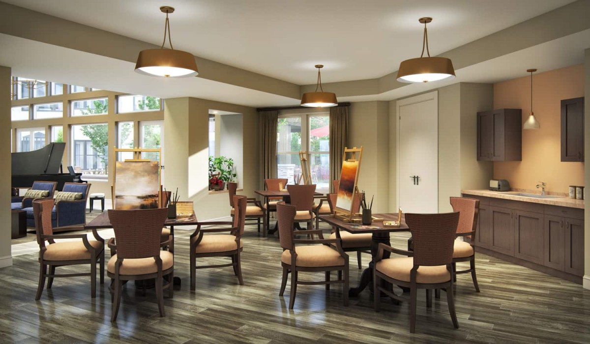 A cozy dining room with wooden furniture and warm lighting.