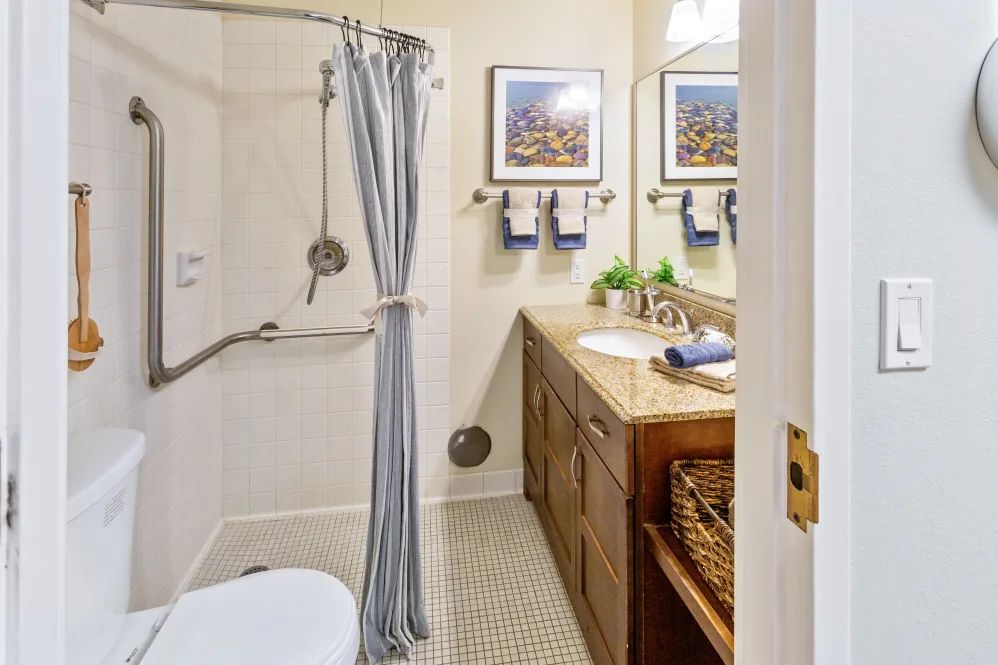 A modern bathroom with a shower and wooden vanity.