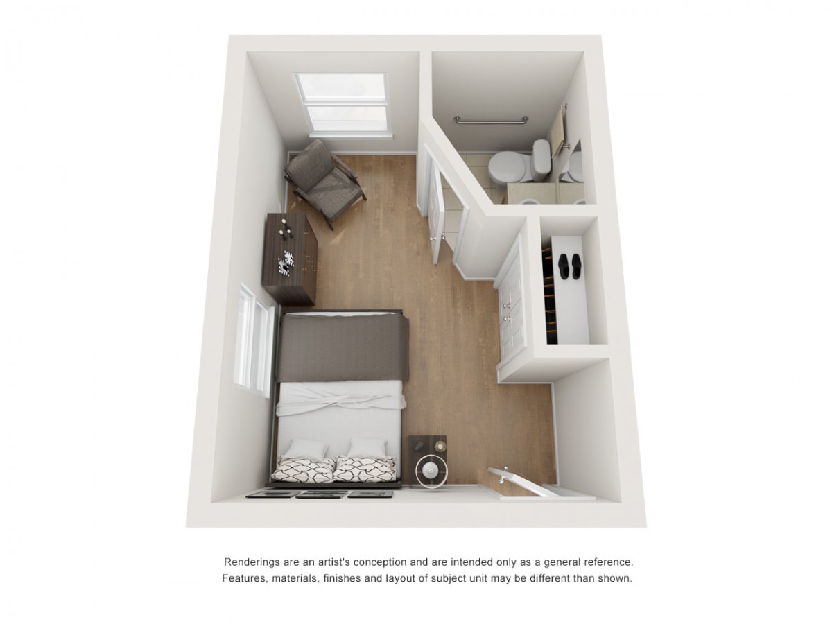 3D floor plan of a compact bedroom with modern furnishings, featuring a bed, chair, and small bathroom.
