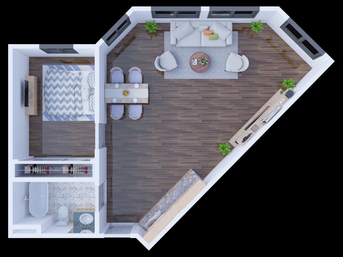 A modern and open floor plan featuring a living room, dining area, and kitchen with stylish furniture and decor.