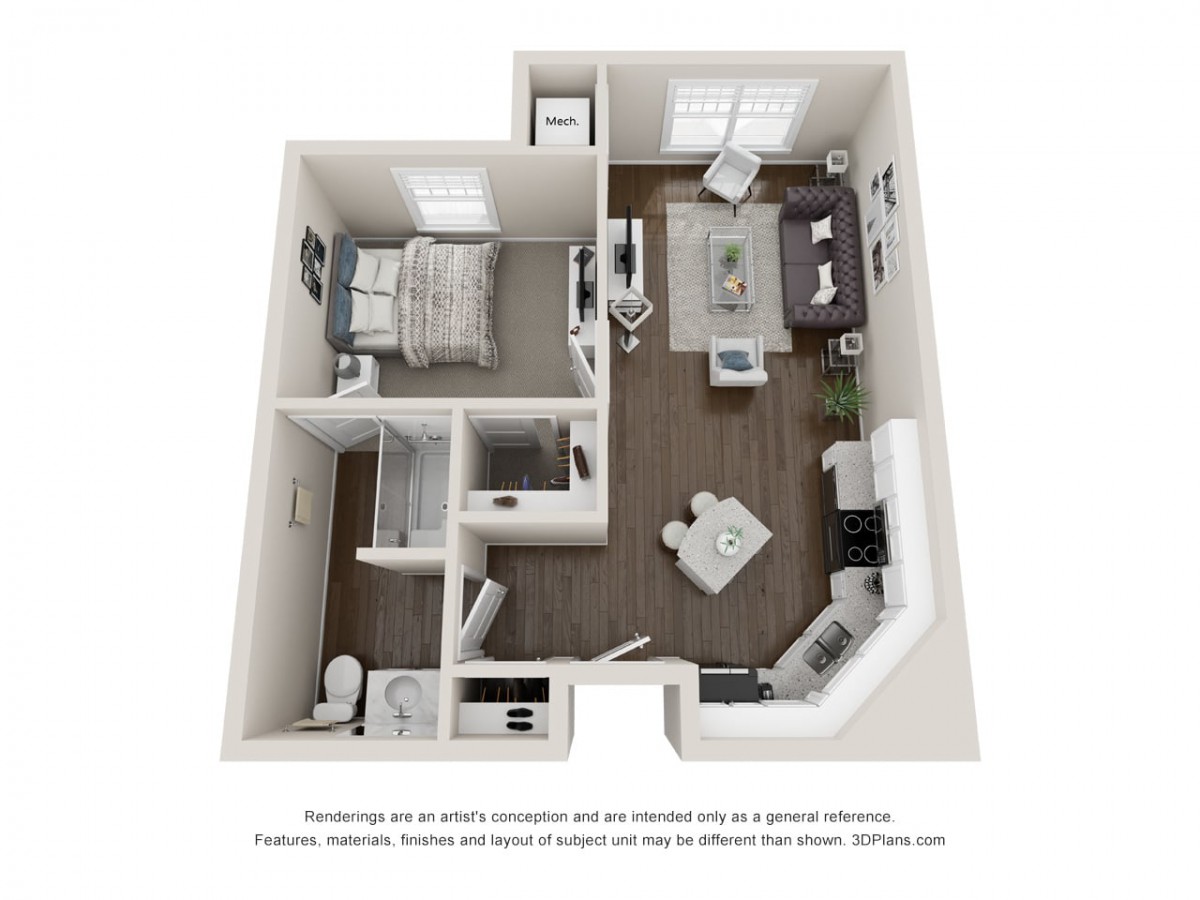 3D floor plan of a one-bedroom apartment with a living room, kitchen, and bathroom.