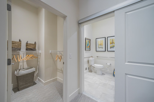 A stylish and modern bathroom featuring a sleek design with neutral tones.