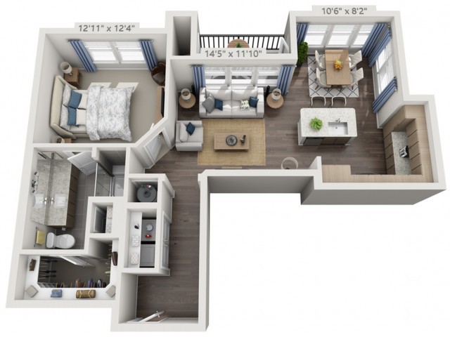 3D floor plan of a one-bedroom apartment featuring a living room, kitchen, and bathroom.