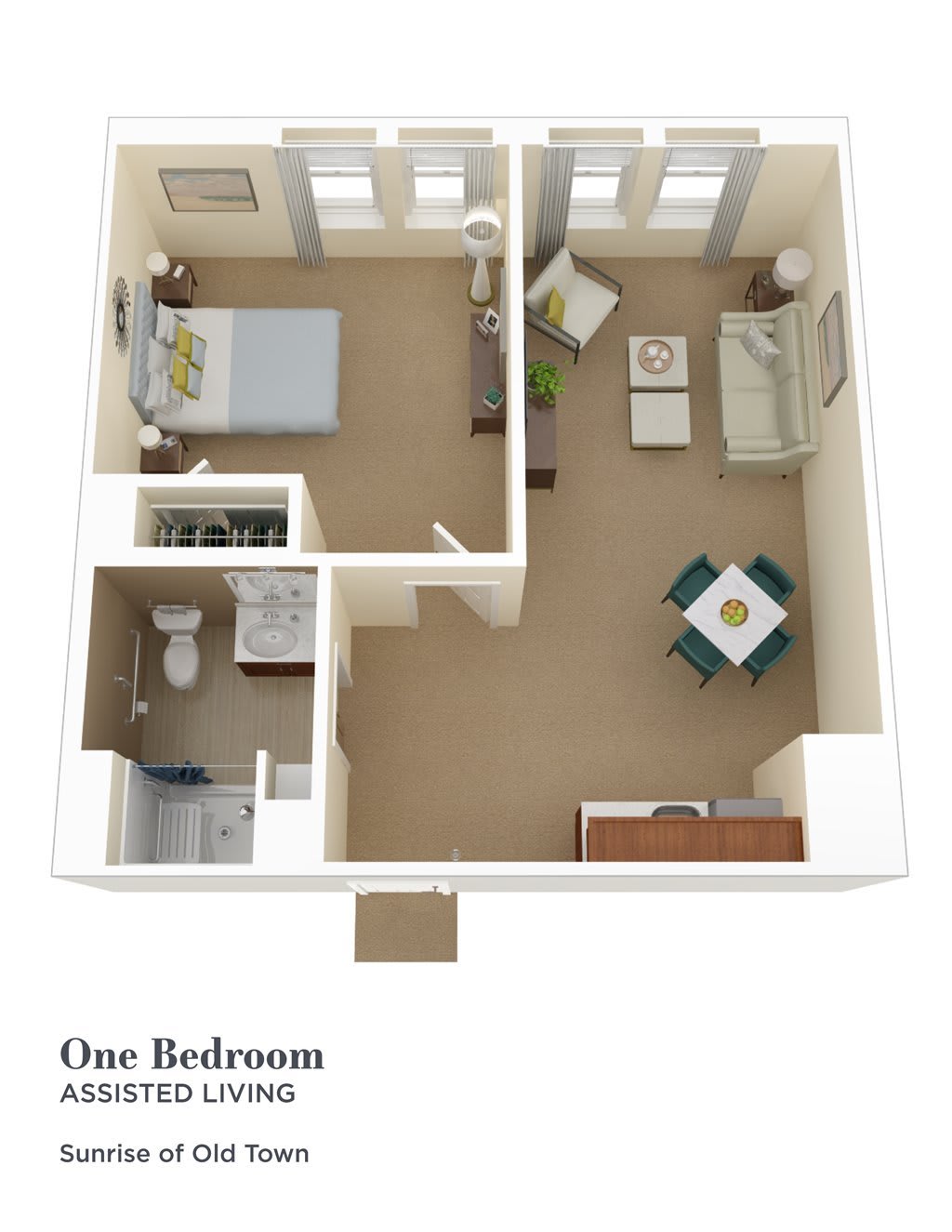 3D floor plan of a one-bedroom apartment.