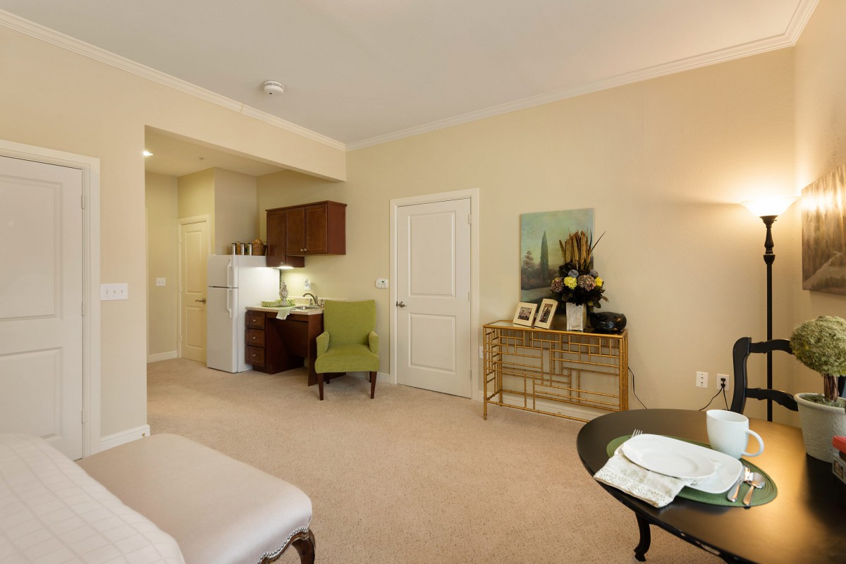 A cozy living space featuring a small kitchenette and stylish furnishings.