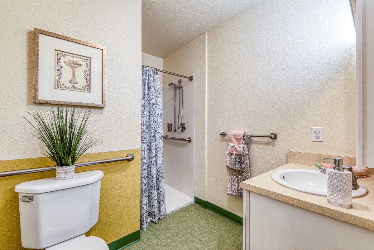 A clean and well-organized bathroom with a shower area, toilet, sink, and decorative elements.