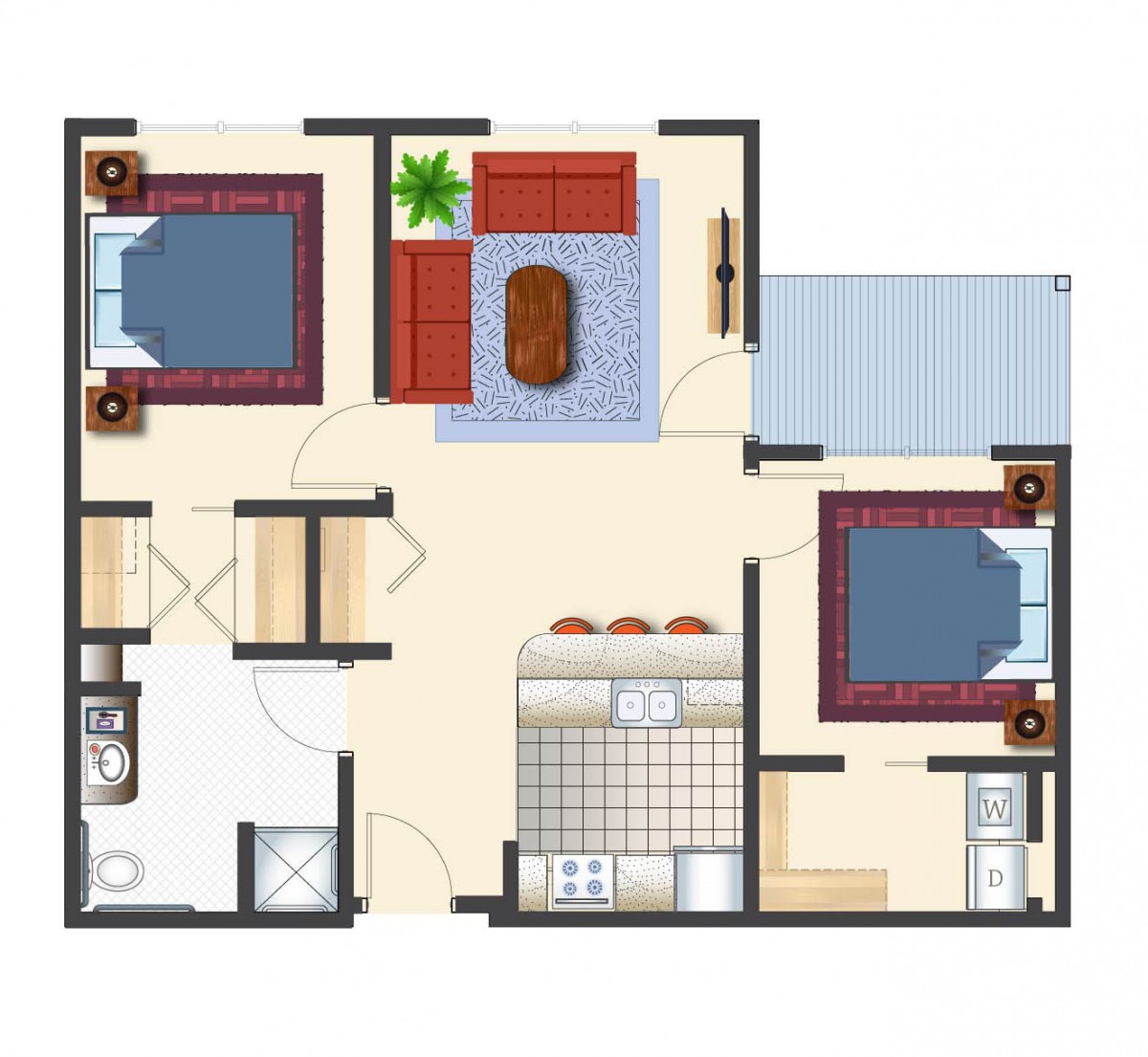 A floor plan of a two-bedroom apartment featuring a living room, kitchen, and bathroom.