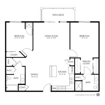 A detailed floor plan of an apartment showcasing two bedrooms, a kitchen, and living area.