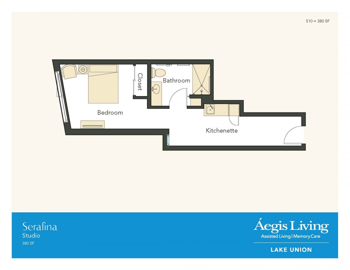 A floor plan of a one-bedroom apartment with labeled bedroom and bathroom areas.