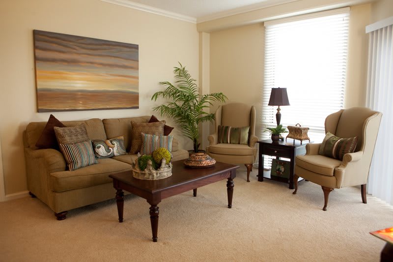 A cozy living room with a sofa set, coffee table, decorative pillows, indoor plant, and ambient lighting.