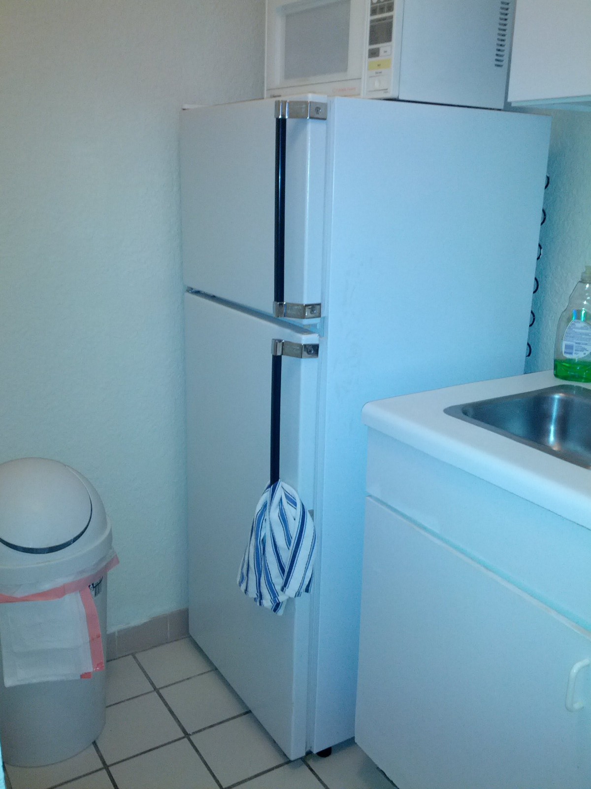 A kitchen corner with a refrigerator, sink, and trash can.