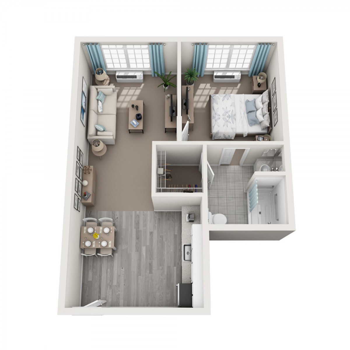A 3D floor plan of a one-bedroom apartment with a living area, kitchen, and bathroom.