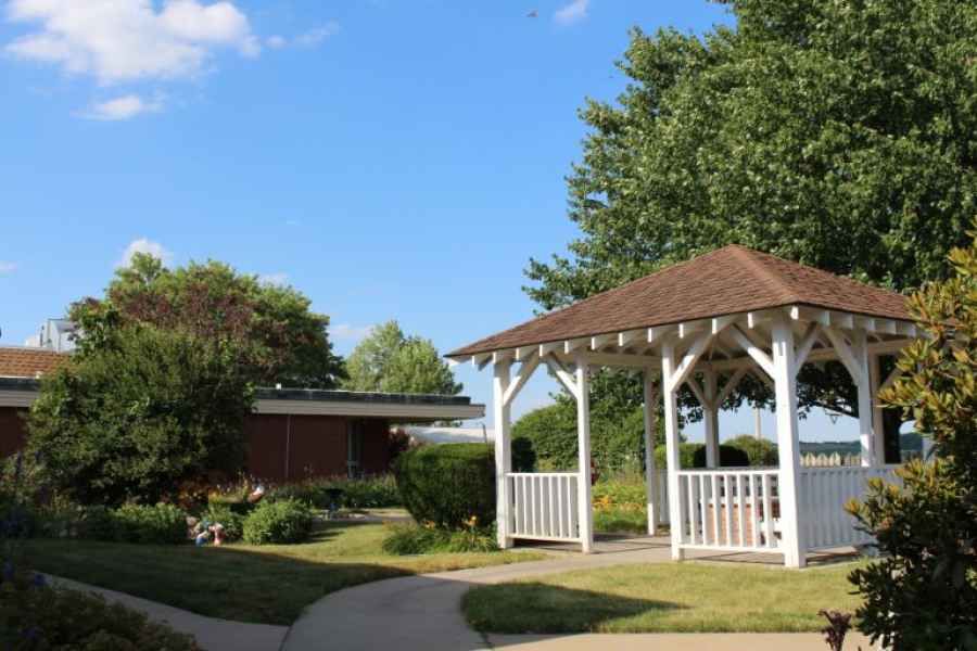 A peaceful garden setting with a wooden gazebo and lush greenery.