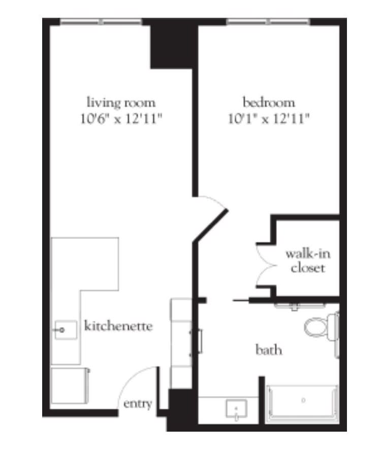 A floor plan of a one-bedroom apartment featuring a living room, kitchenette, bathroom, and walk-in closet.