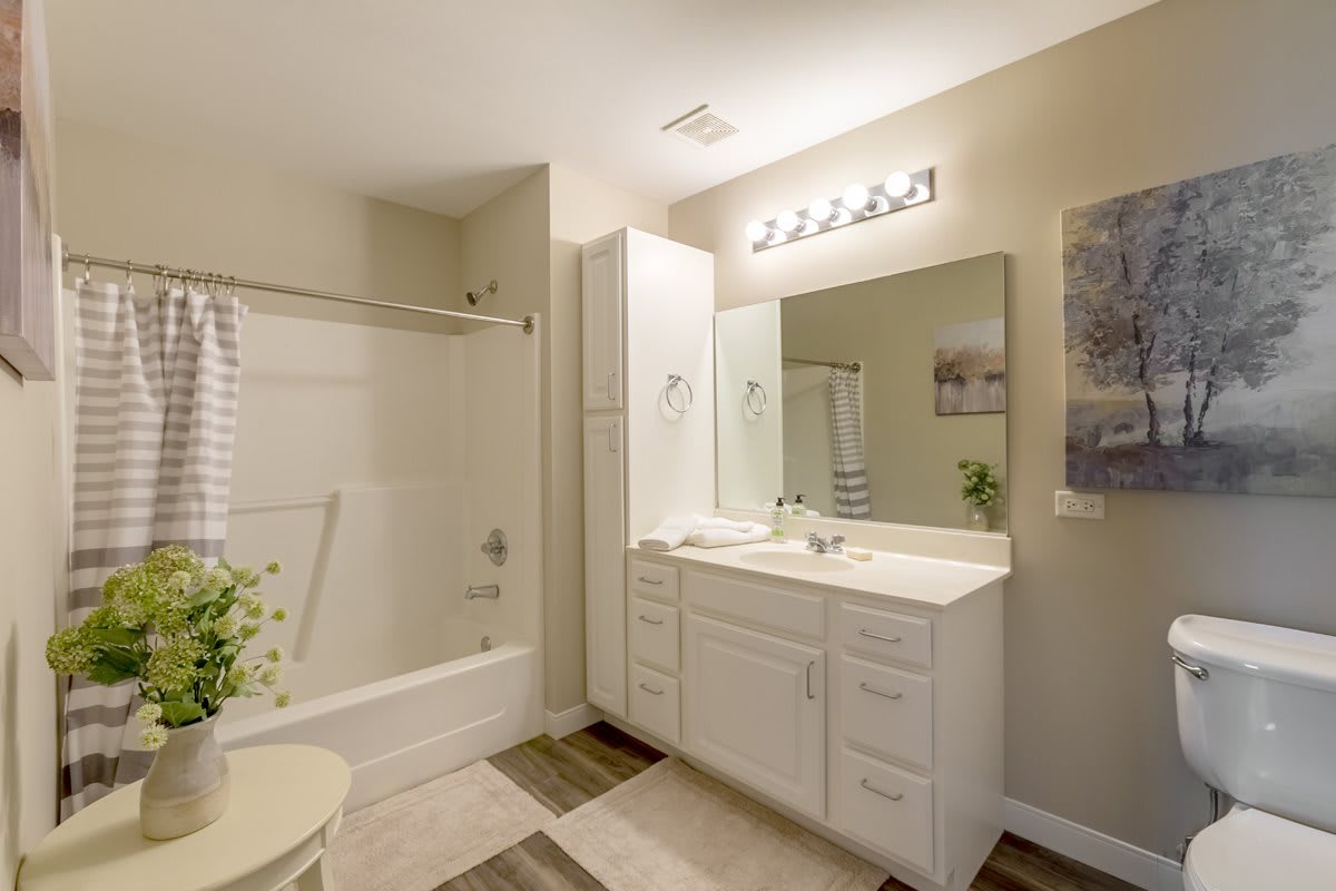 A modern bathroom with a white vanity, sink, mirror, and bathtub.