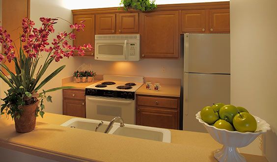 A cozy kitchen with wooden cabinetry featuring a microwave, stove, and refrigerator.