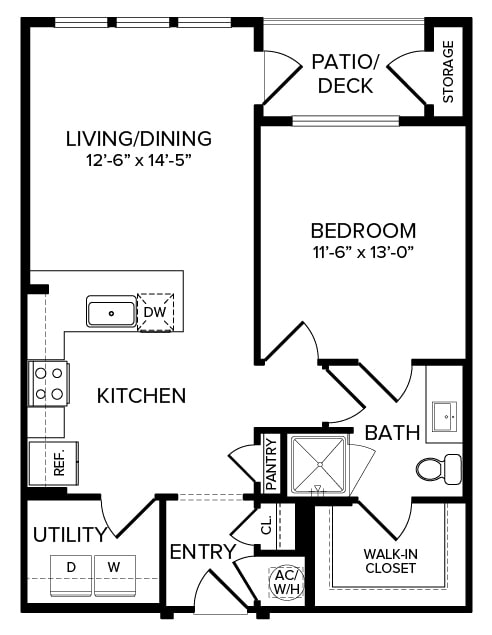 One-bedroom apartment floor plan with kitchen, living/dining area, deck, and utility room.