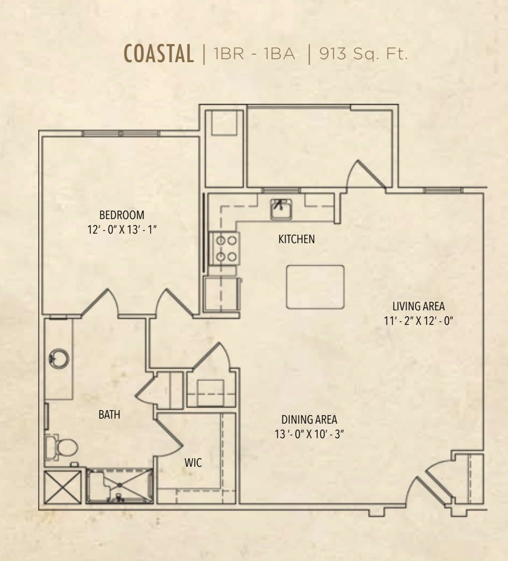 Coastal apartment floor plan featuring two bedrooms and a spacious living area.